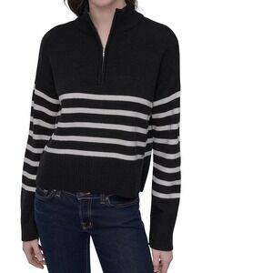 DKNY Womens Striped Quarter Zip Mock Neck Sweater Black White XXL NWT‎